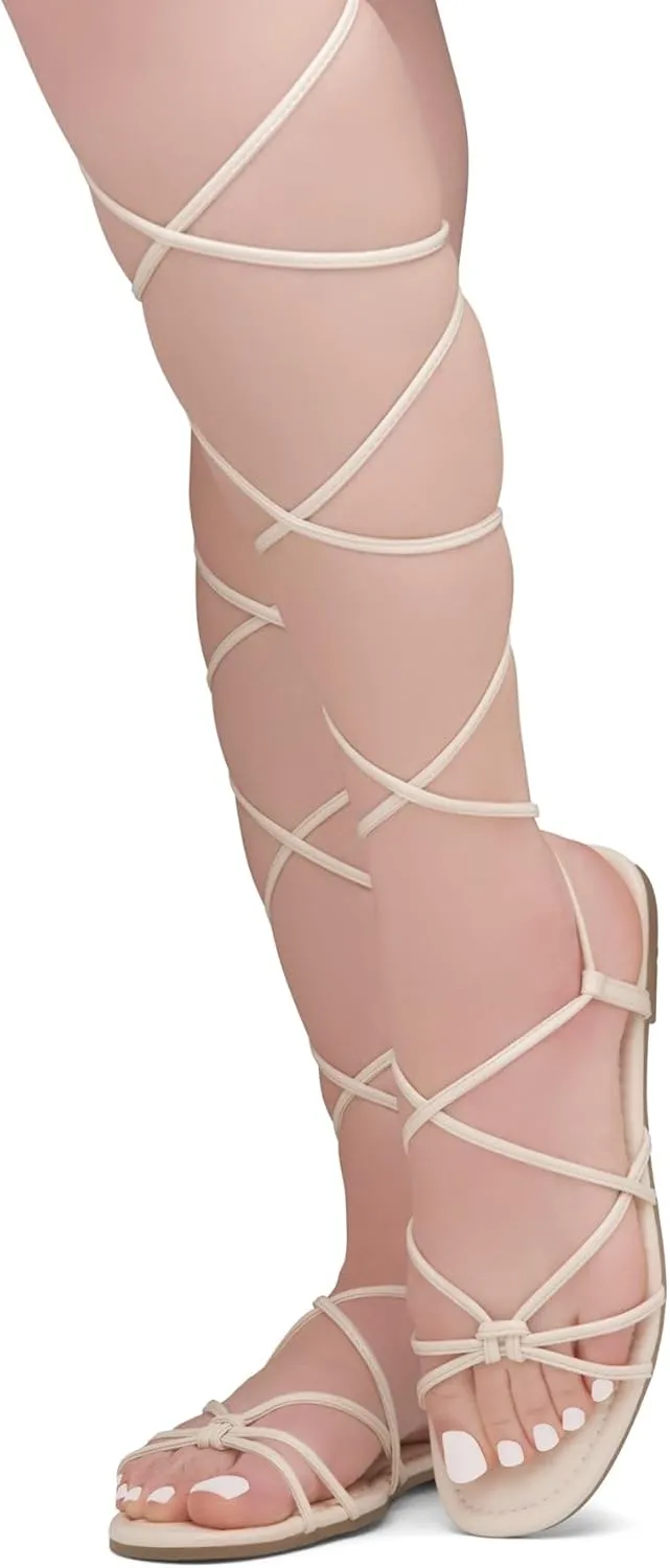 Shoe Land Flashh Women's Flat Strappy Lace Up Sandal Open Toe Comfortable Dressy Gladiator Sandals Tie up Ankle Strap Shoes for Summer
