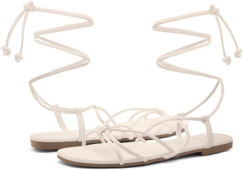 Shoe Land Flashh Women's Flat Strappy Lace Up Sandal Open Toe Comfortable Dressy Gladiator Sandals Tie up Ankle Strap Shoes for Summer