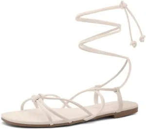 Shoe Land Flashh Women's Flat Strappy Lace Up Sandal Open Toe Comfortable Dressy Gladiator Sandals Tie up Ankle Strap Shoes for Summer