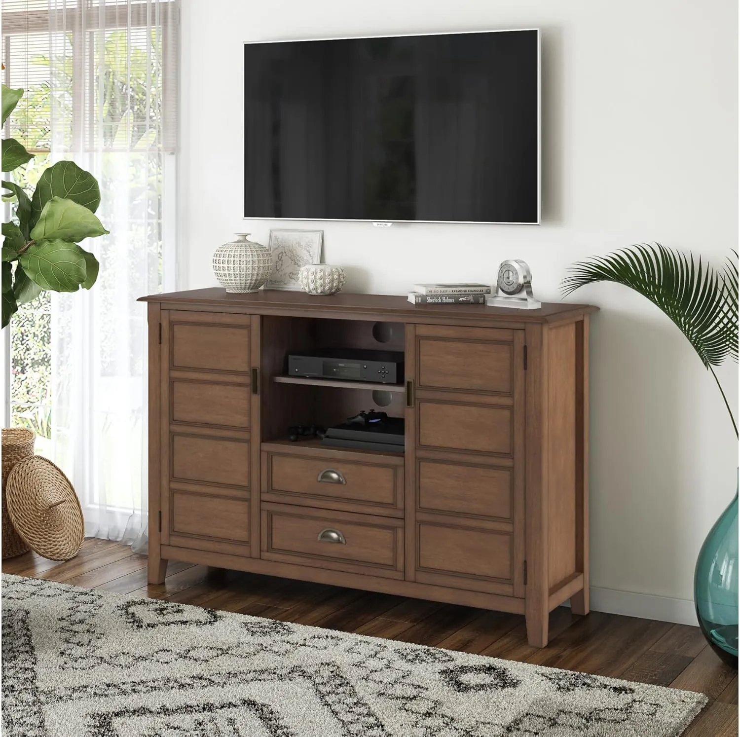 SIMPLIHOME Burlington SOLID WOOD 54 Inch Wide Transitional TV Media Stand in Rustic Natural Aged Brown for TVs up to 60 Inch, For the Living Room and Entertainment Center