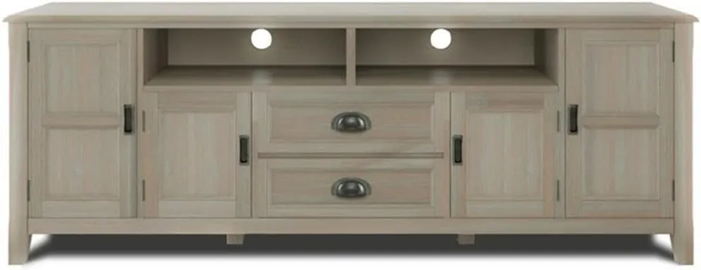 SIMPLIHOME Burlington SOLID WOOD 72 inch Wide Transitional TV Media Stand in Distressed Grey For TVs up to 80 inches for the Living Room and Entertainment Center