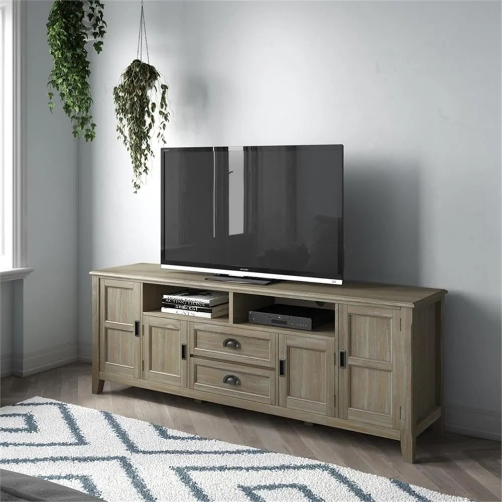 SIMPLIHOME Burlington SOLID WOOD 72 inch Wide Transitional TV Media Stand in Distressed Grey For TVs up to 80 inches for the Living Room and Entertainment Center