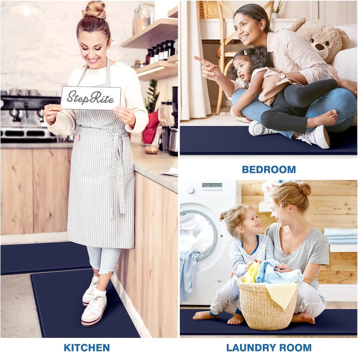 StepRite Kitchen Mats, 2PCS Kitchen Rugs, Cushioned Anti Fatigue Kitchen Mats for Floor, Non-Slip Standing Desk Mat, Waterproof Kitchen Rug Set for Kitchen, Floor, Office, 17.3"x30" 17.3"x47", Blue