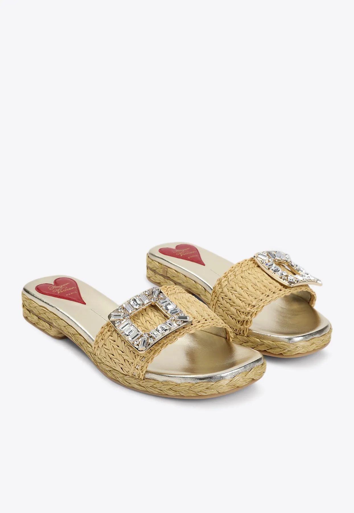 Strass Buckle Raffia Flat Sandals