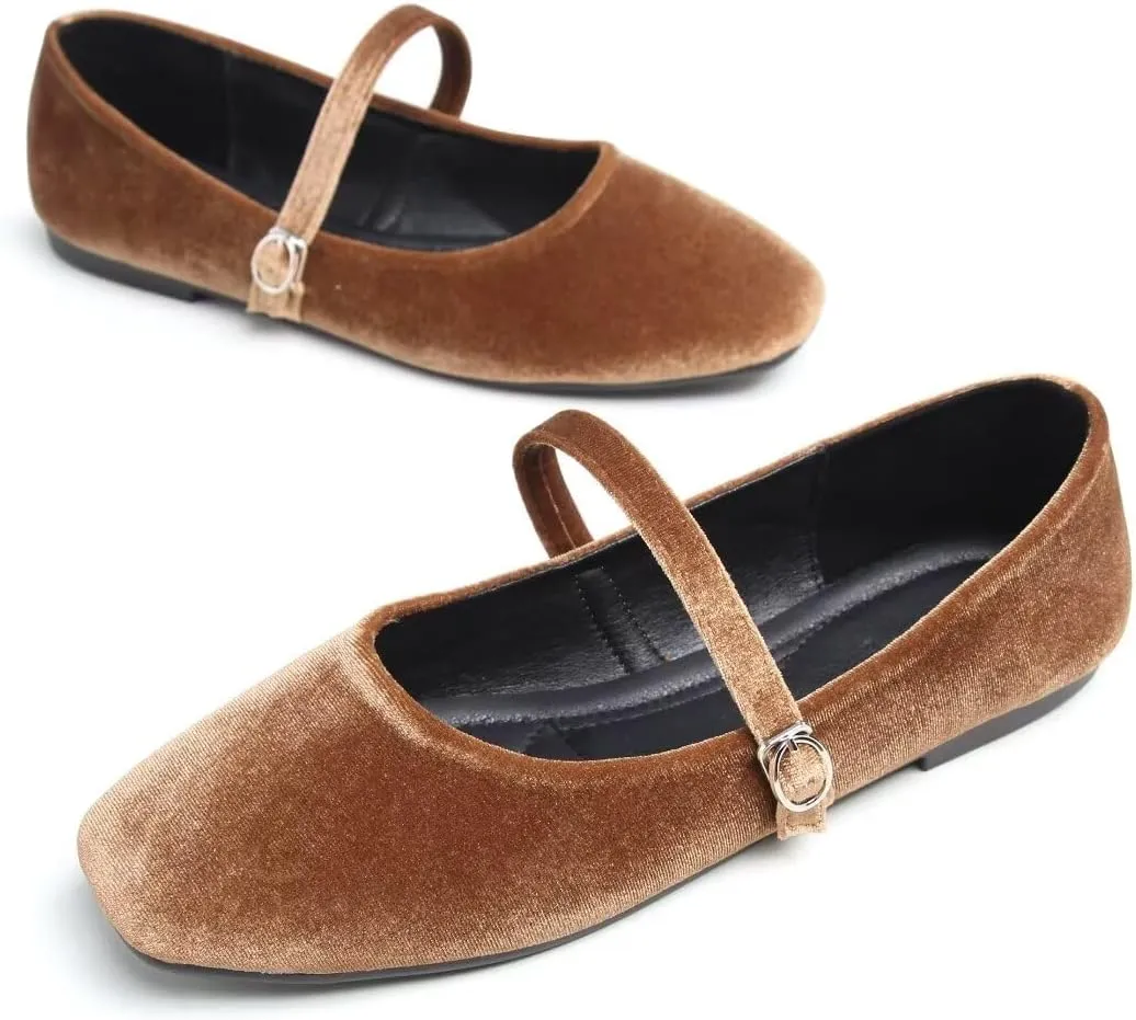 Stunner Mary Jane Square Toe Black Ballet Flats for Women - Comfortable Ankle Strap Casual Slip On Flats