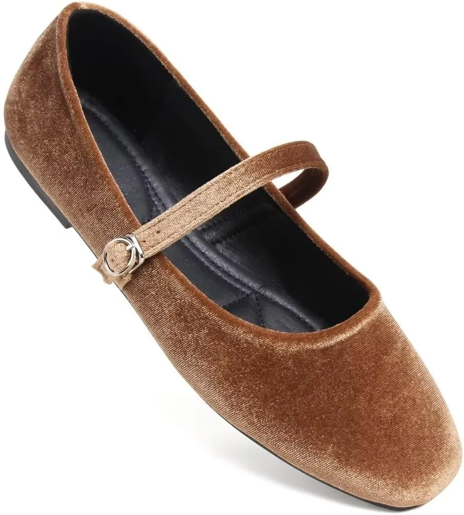 Stunner Mary Jane Square Toe Black Ballet Flats for Women - Comfortable Ankle Strap Casual Slip On Flats
