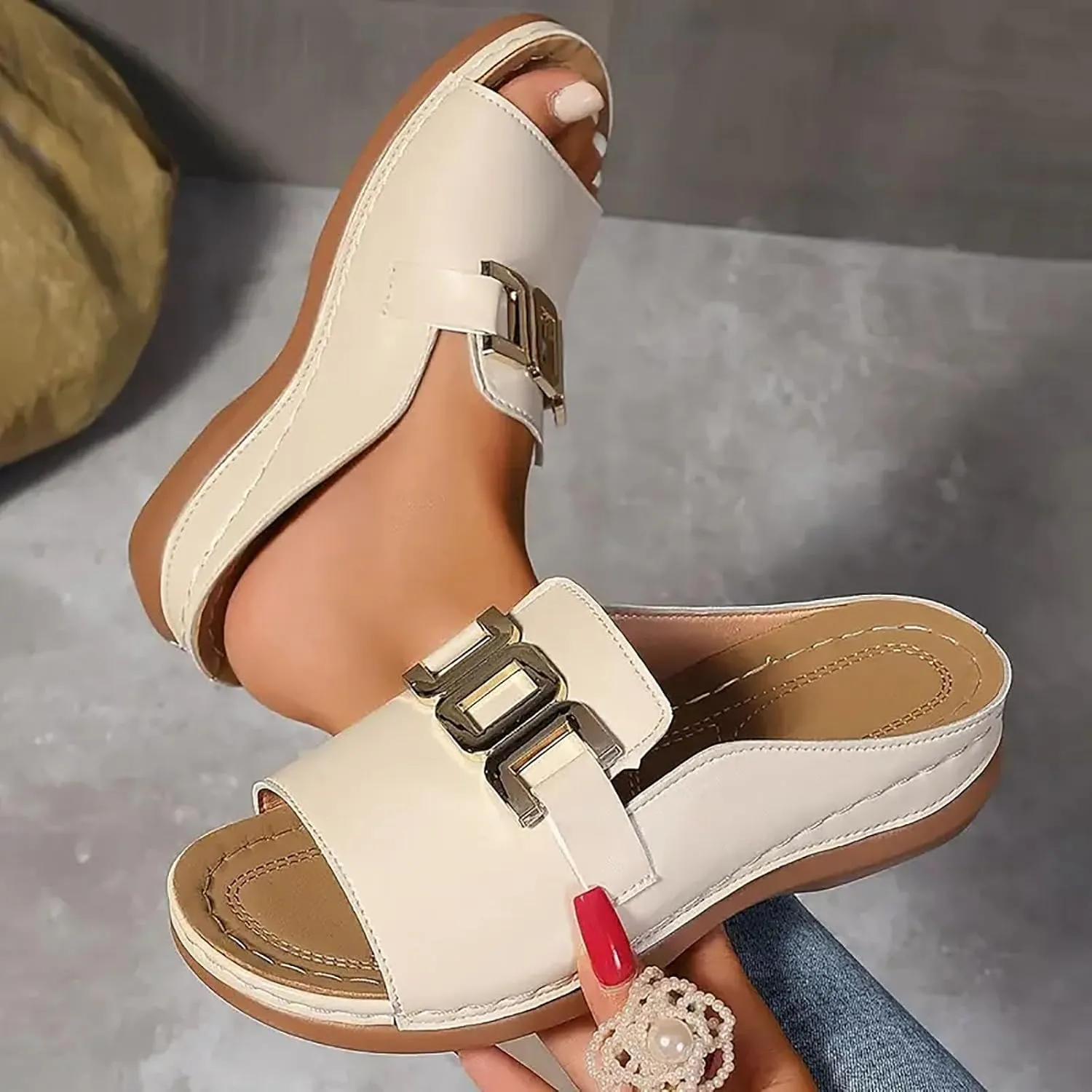 SuanlaTDS Orthopedic Wedge Sandals for Women 2025 Open Toe Wide Width Arch Support Dressy Summer Comfortable Beach Shoes Holiday Outdoor Slip-on Low Heel Platform Slides Sandal Slippers