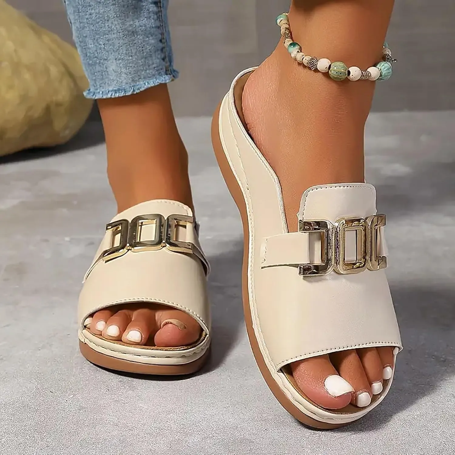 SuanlaTDS Orthopedic Wedge Sandals for Women 2025 Open Toe Wide Width Arch Support Dressy Summer Comfortable Beach Shoes Holiday Outdoor Slip-on Low Heel Platform Slides Sandal Slippers