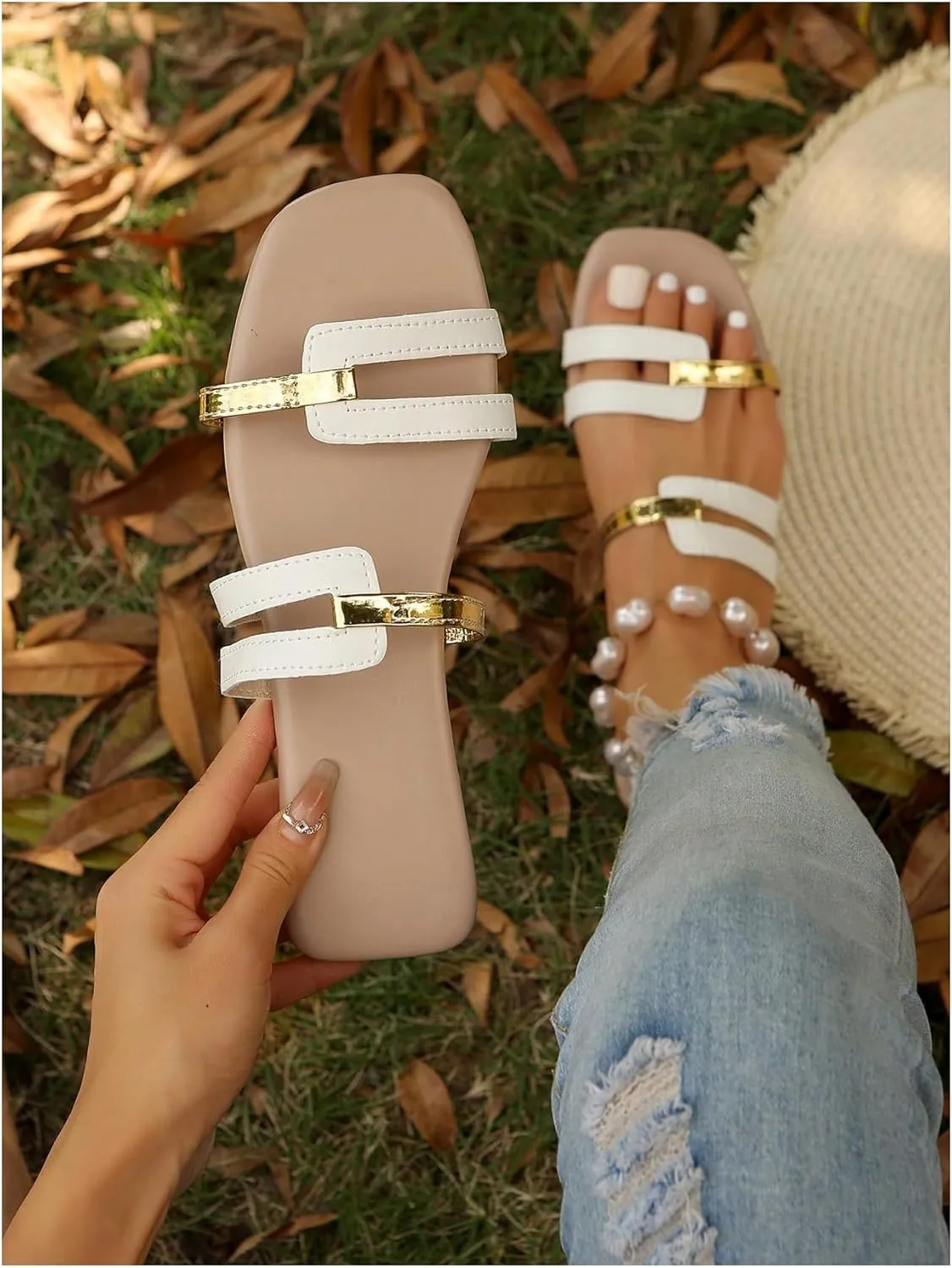 SweatyRocks Women's Cut Out Metallic Flat Sandals Square Toe Slip on Trendy Outdoor Slide Sandals
