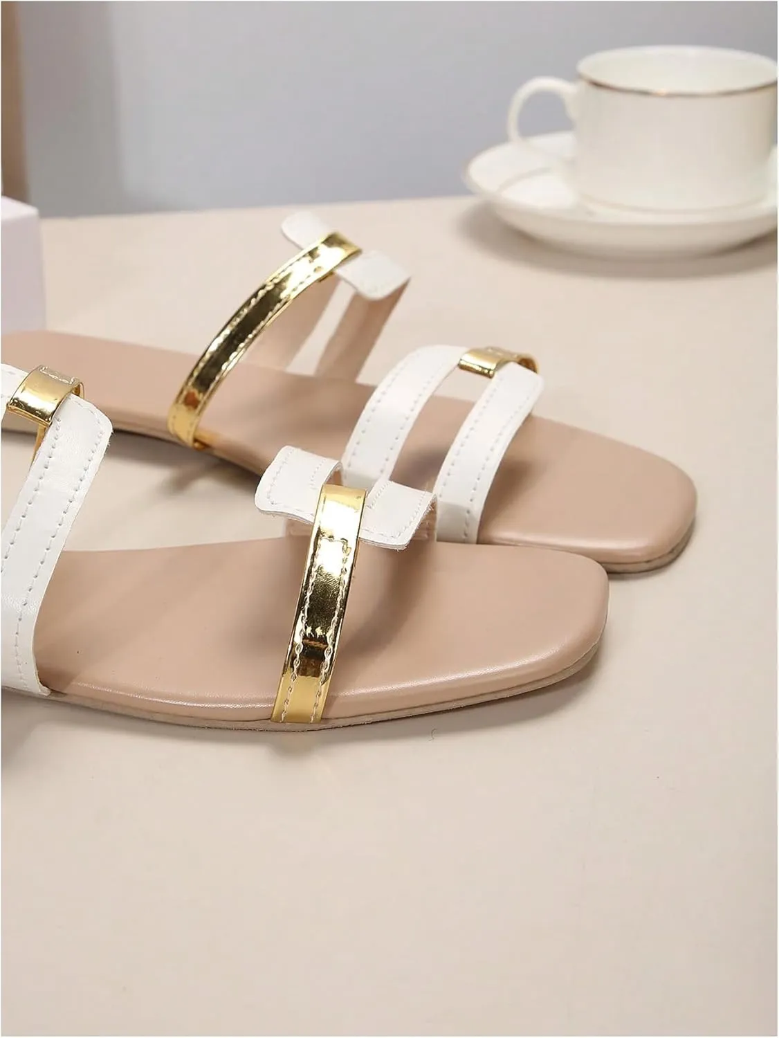 SweatyRocks Women's Cut Out Metallic Flat Sandals Square Toe Slip on Trendy Outdoor Slide Sandals