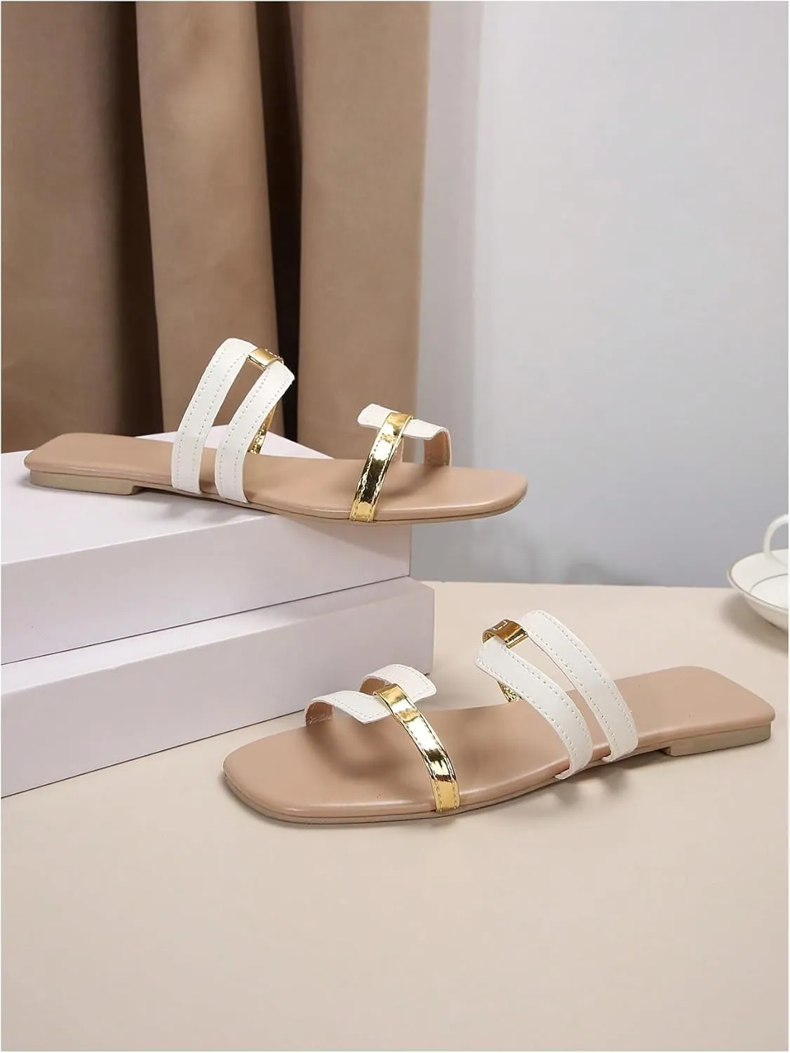 SweatyRocks Women's Cut Out Metallic Flat Sandals Square Toe Slip on Trendy Outdoor Slide Sandals