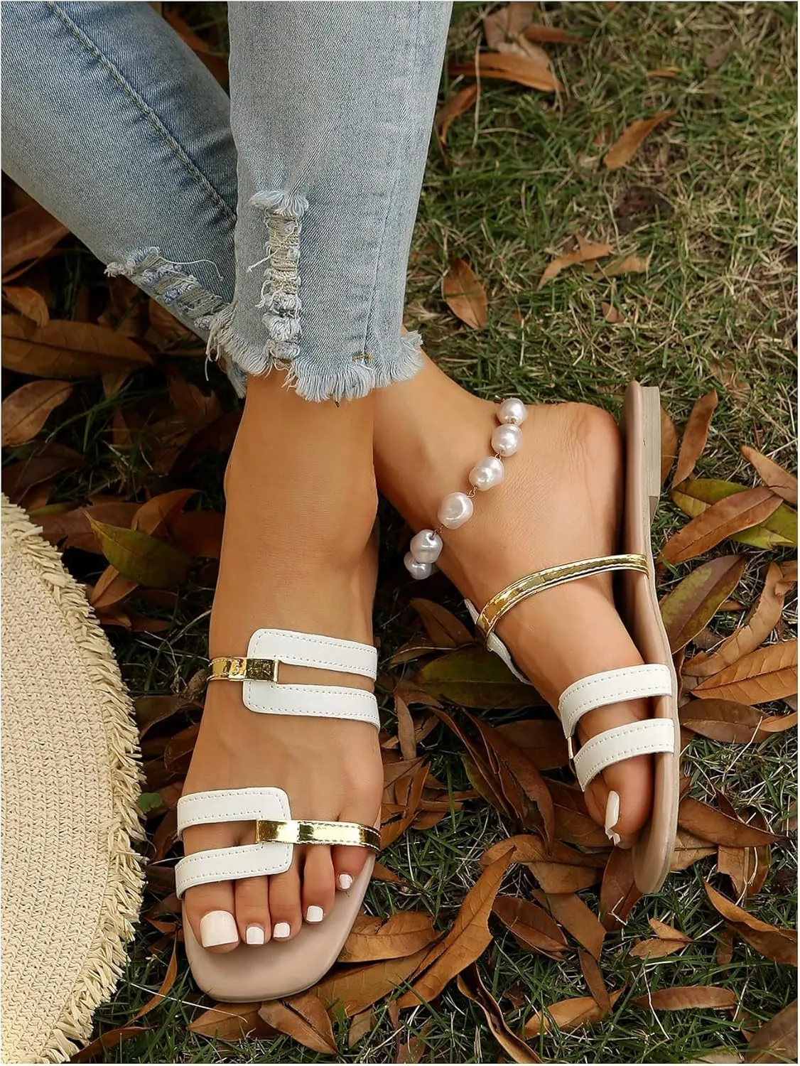 SweatyRocks Women's Cut Out Metallic Flat Sandals Square Toe Slip on Trendy Outdoor Slide Sandals