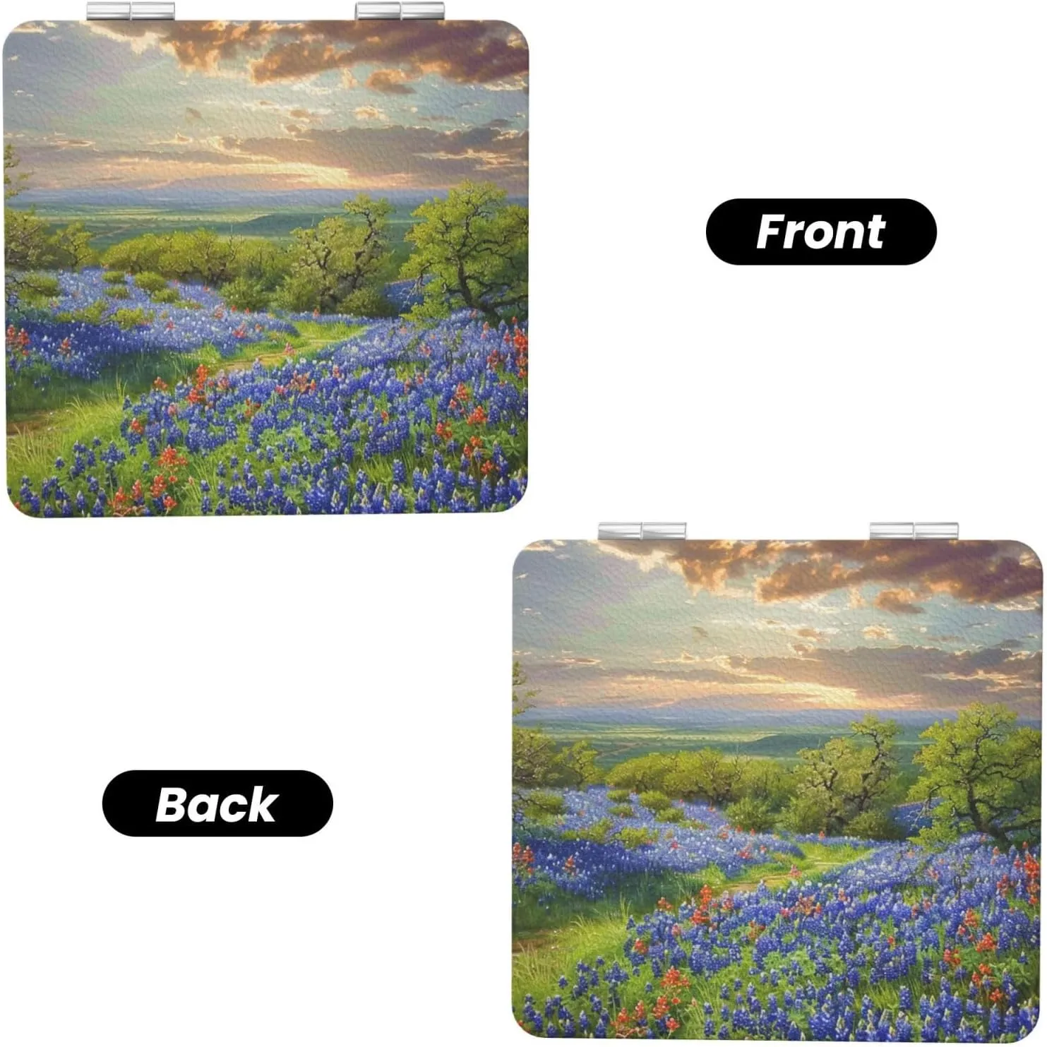 Texas Bluebonnets Scenery Printed Square Pocket Makeup Mirror with 1X/2X Magnification, Portable Mini Travel Makeup Mirror for Travel Daily Work Beauty