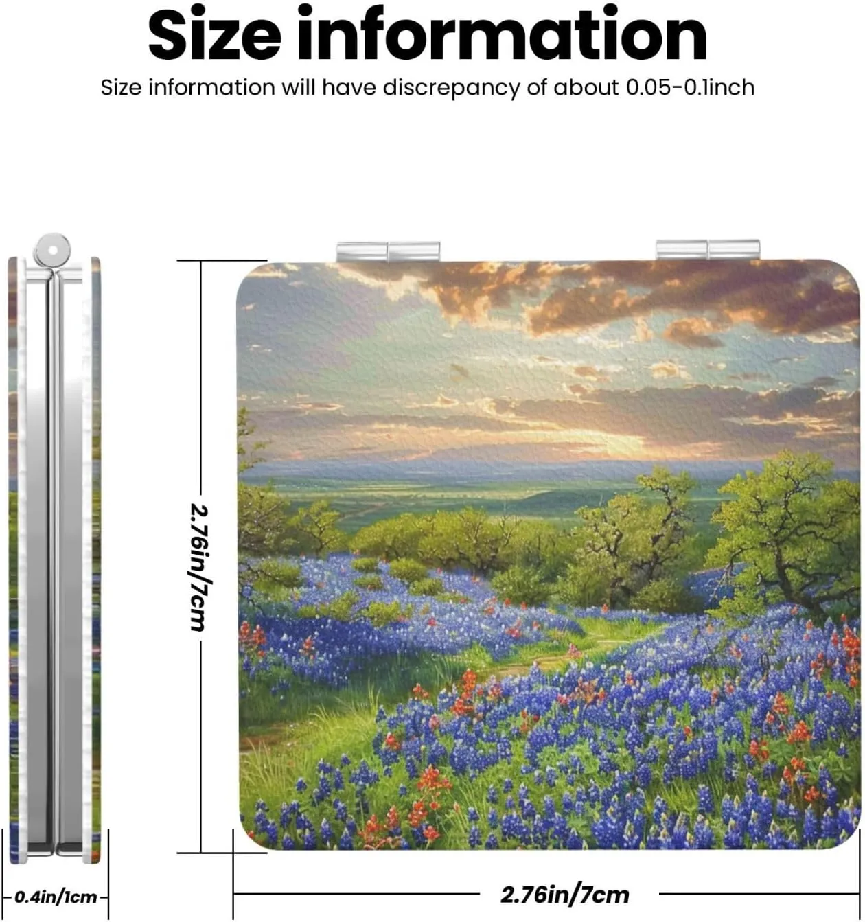 Texas Bluebonnets Scenery Printed Square Pocket Makeup Mirror with 1X/2X Magnification, Portable Mini Travel Makeup Mirror for Travel Daily Work Beauty