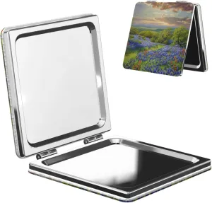 Texas Bluebonnets Scenery Printed Square Pocket Makeup Mirror with 1X/2X Magnification, Portable Mini Travel Makeup Mirror for Travel Daily Work Beauty