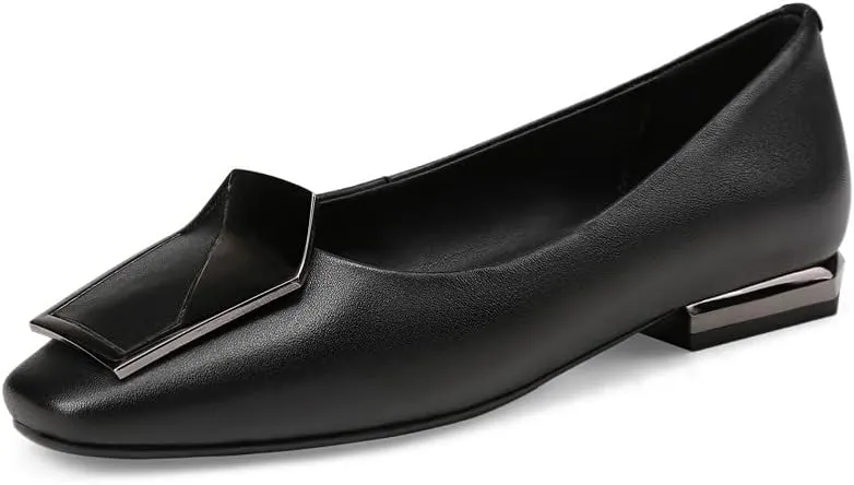 TinaCus Women's Genuine Leather Square Toe Handmade Buckle Décor Casual Flat Shoes
