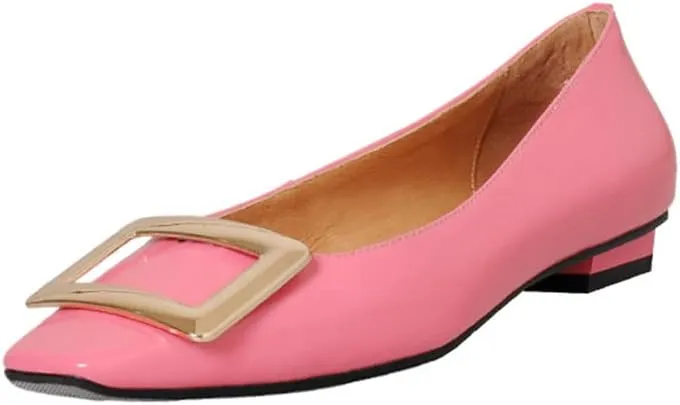 TinaCus Women's Square Toe Patent Leather Handmade Buckle Comfort Slip On Flat Shoes