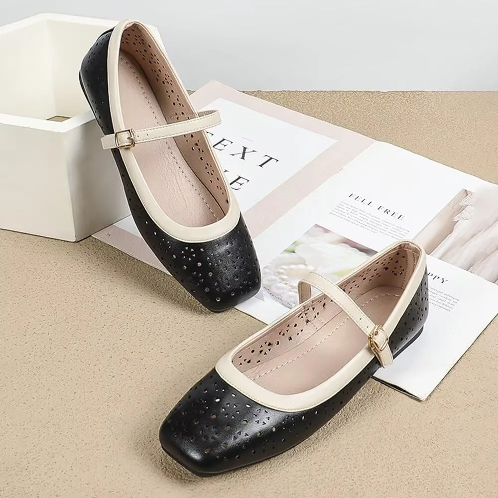 TN TANGNEST Flat Shoes for Women Retro Square Toe Mary Jane Flats Shiny Ballet Flats Comfortable Office Flats