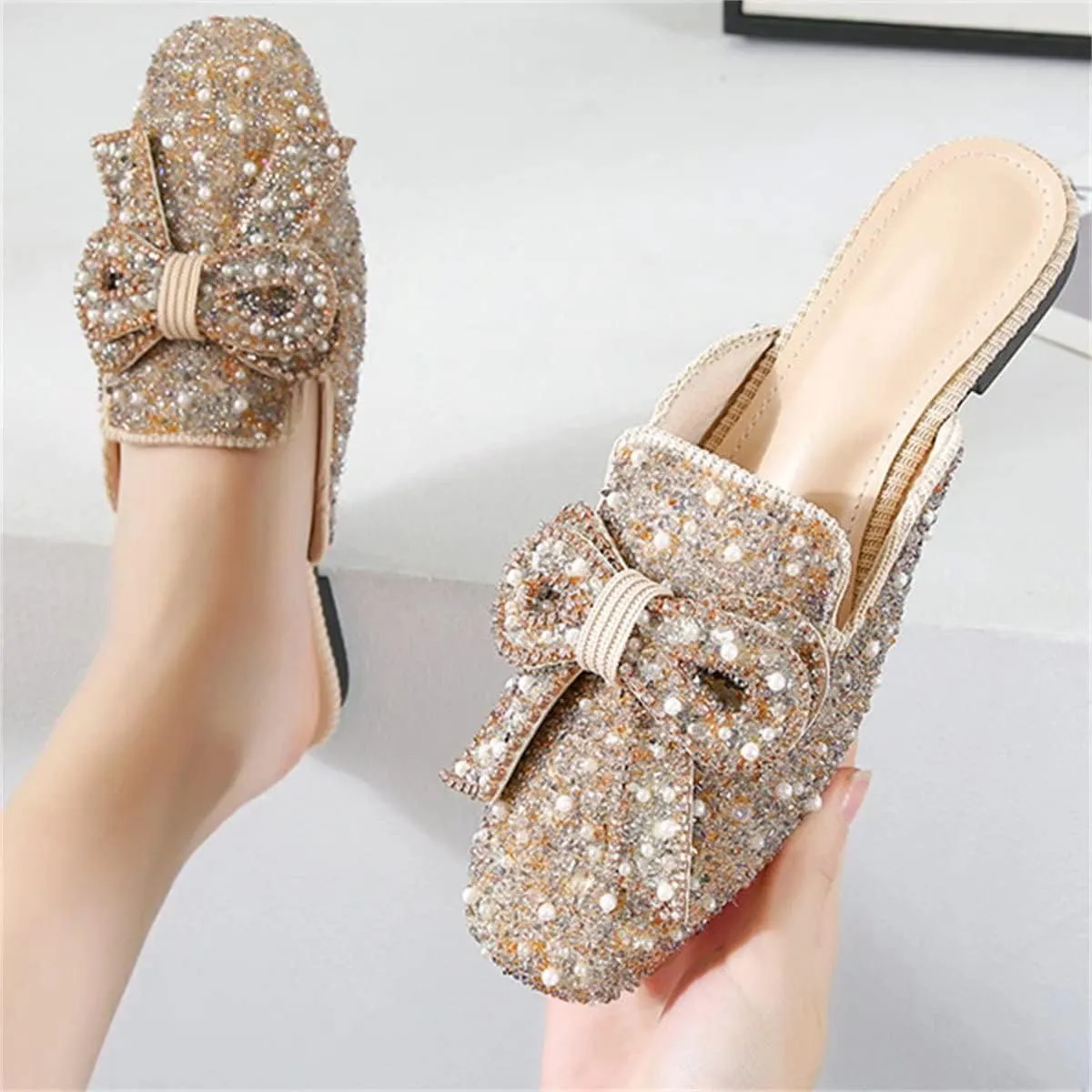 TN TANGNEST Women's Flat Mules Comfortable Rhinestone Bow Square Toe Slip on Loafers Slides Backless Mules Shoes