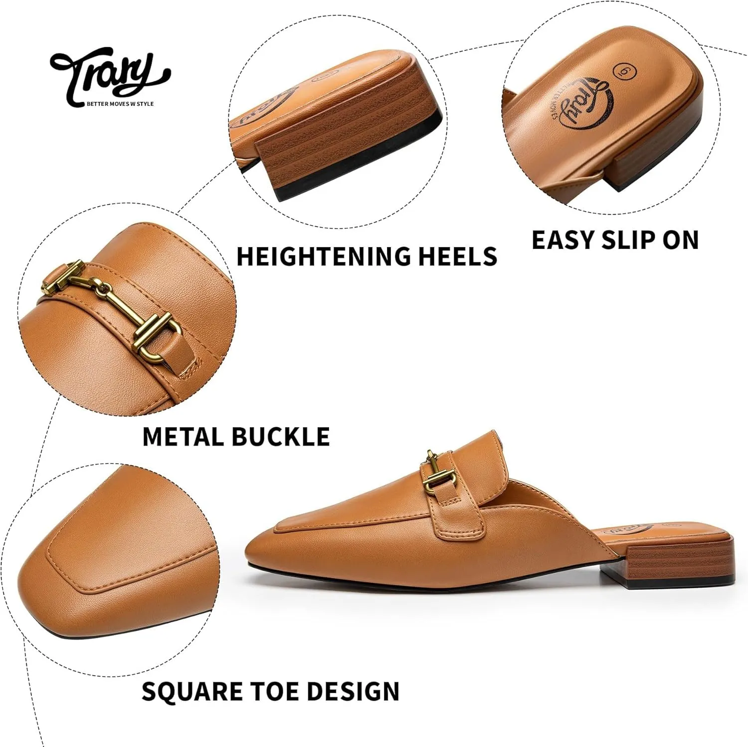Trary Women's Mules & Loafers, Black Square Toe Mules, Classic Dressy & Casual Comfortable Shoes