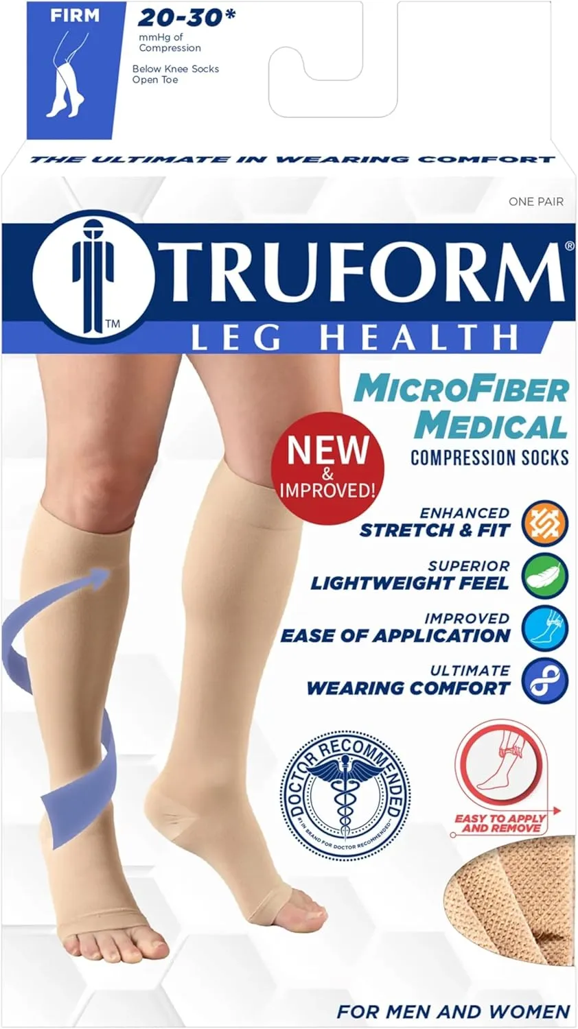 Truform 20-30 mmHg Compression Stockings for Men and Women, Knee High Length, Open Toe, White, Medium