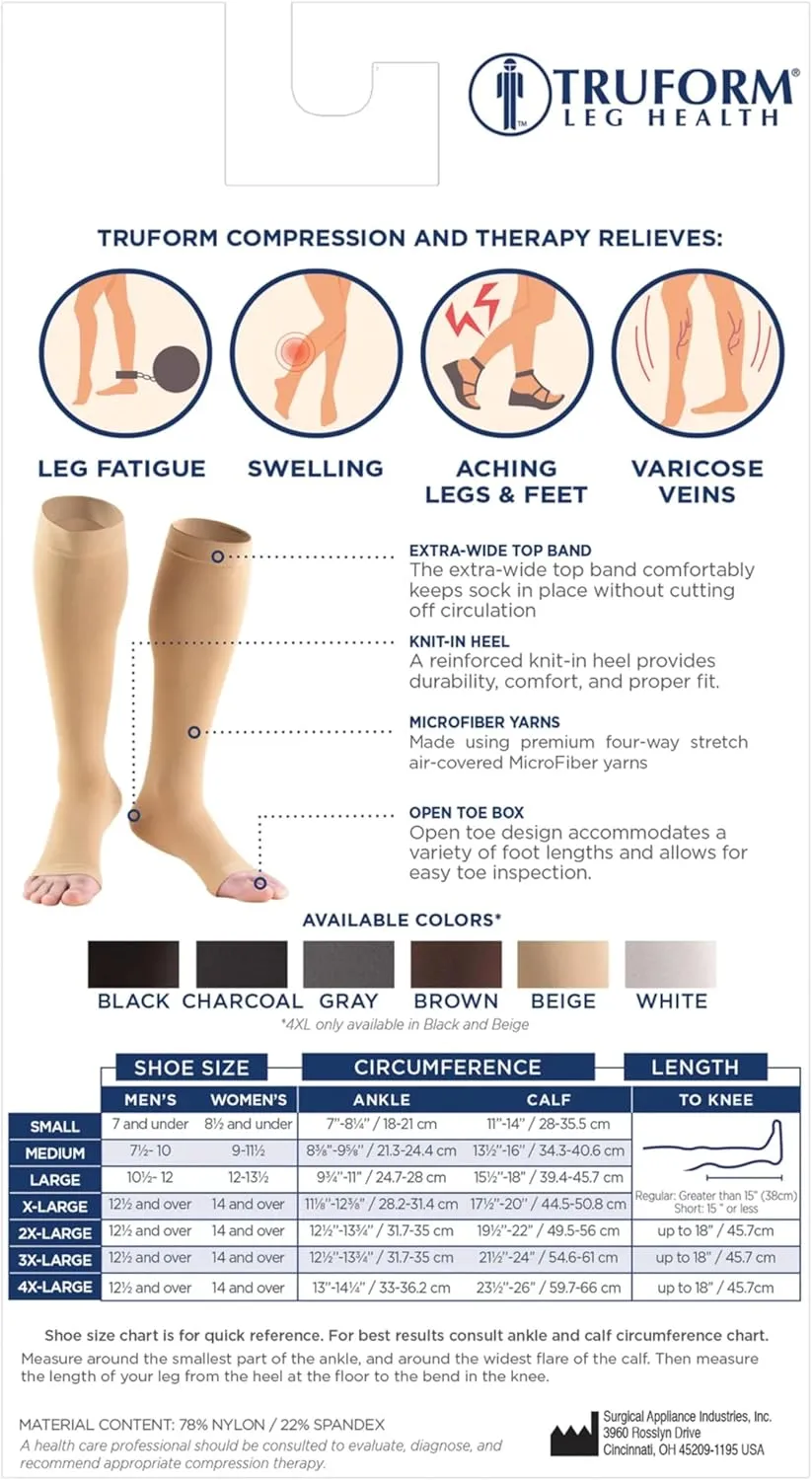 Truform 20-30 mmHg Compression Stockings for Men and Women, Knee High Length, Open Toe, White, Medium
