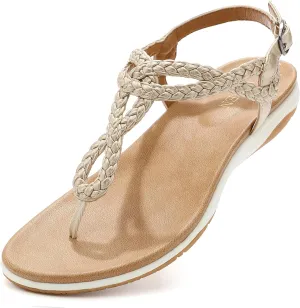 UBFEN Womens Flat Sandals Dress Braided T-Strap Thong Sandals with Arch Support Comfortable for Walking