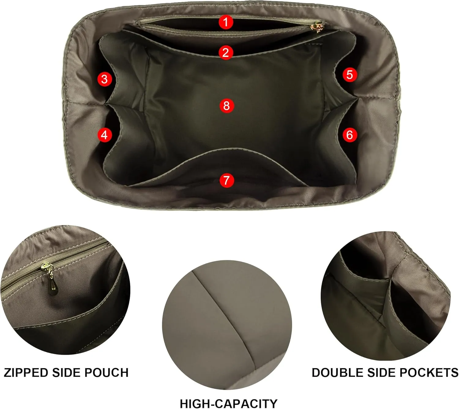 Vercord Handbag Purse Organizer Insert Tote Bag Shaper for Picotin 18/22 with Zipper Pocket Grey Small