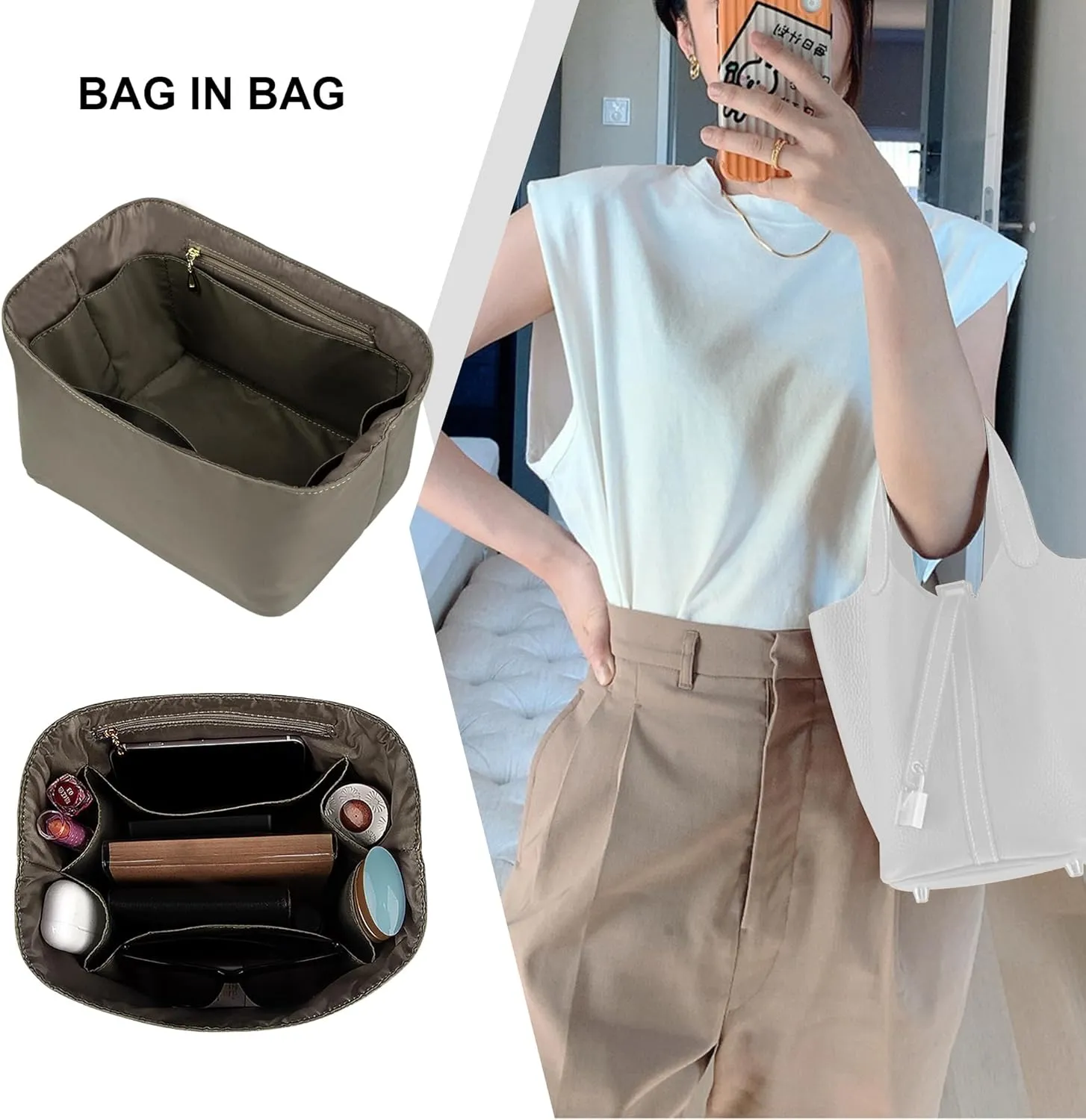 Vercord Handbag Purse Organizer Insert Tote Bag Shaper for Picotin 18/22 with Zipper Pocket Grey Small