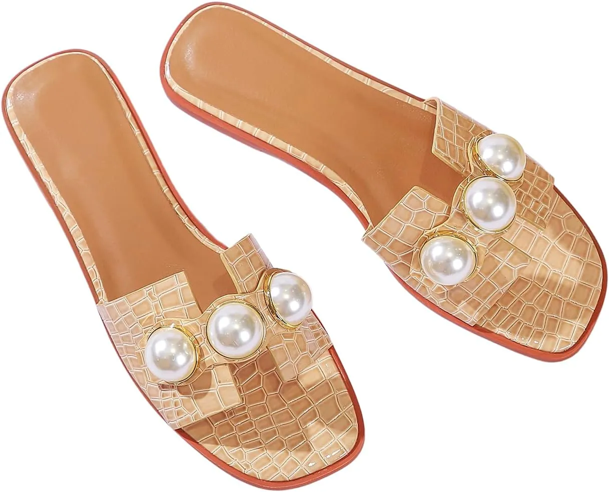 Verdusa Women's Flat Sandals Pearl Sandals Square Toe Summer Slip On Flat Shoes