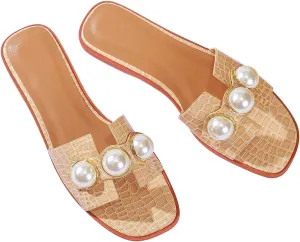 Verdusa Women's Flat Sandals Pearl Sandals Square Toe Summer Slip On Flat Shoes