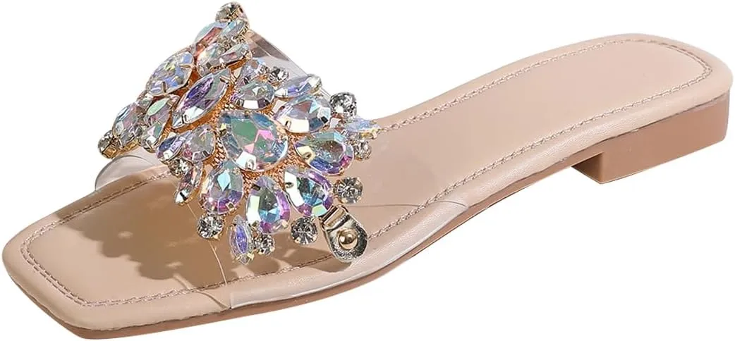 Verdusa Women's Rhinestone Clear Flat Sandals Square Toe Slide Sandals