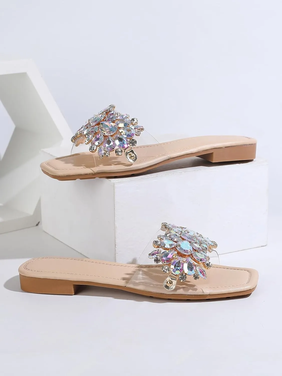 Verdusa Women's Rhinestone Clear Flat Sandals Square Toe Slide Sandals