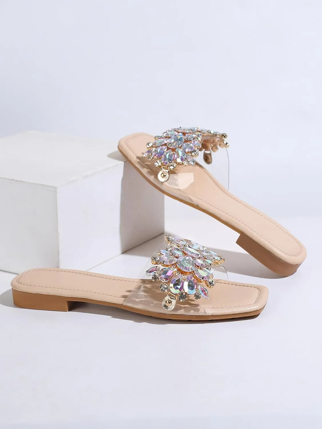 Verdusa Women's Rhinestone Clear Flat Sandals Square Toe Slide Sandals