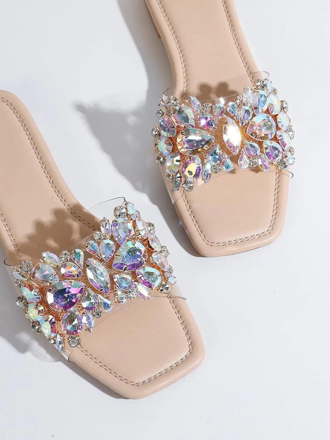 Verdusa Women's Rhinestone Clear Flat Sandals Square Toe Slide Sandals