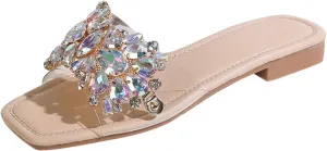 Verdusa Women's Rhinestone Clear Flat Sandals Square Toe Slide Sandals