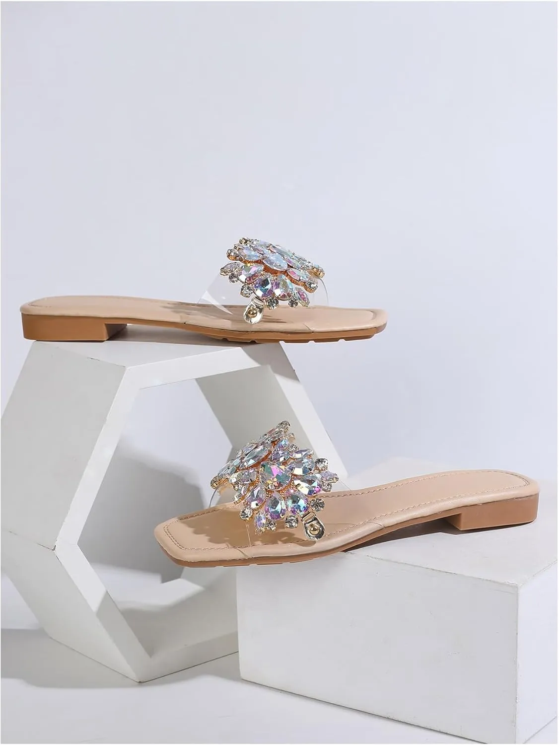 Verdusa Women's Rhinestone Clear Flat Sandals Square Toe Slide Sandals