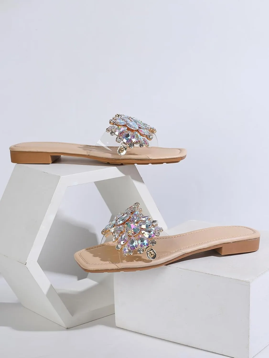 Verdusa Women's Rhinestone Clear Flat Sandals Square Toe Slide Sandals