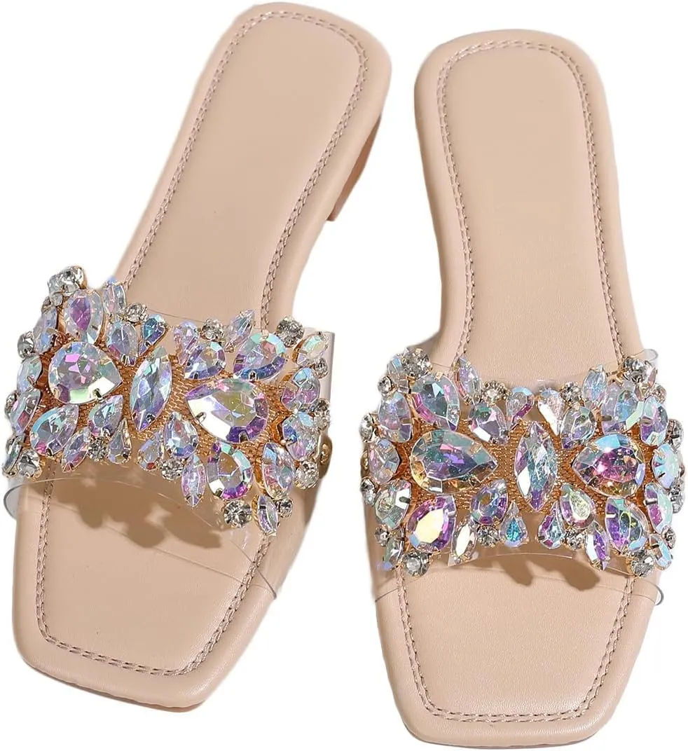 Verdusa Women's Rhinestone Clear Flat Sandals Square Toe Slide Sandals
