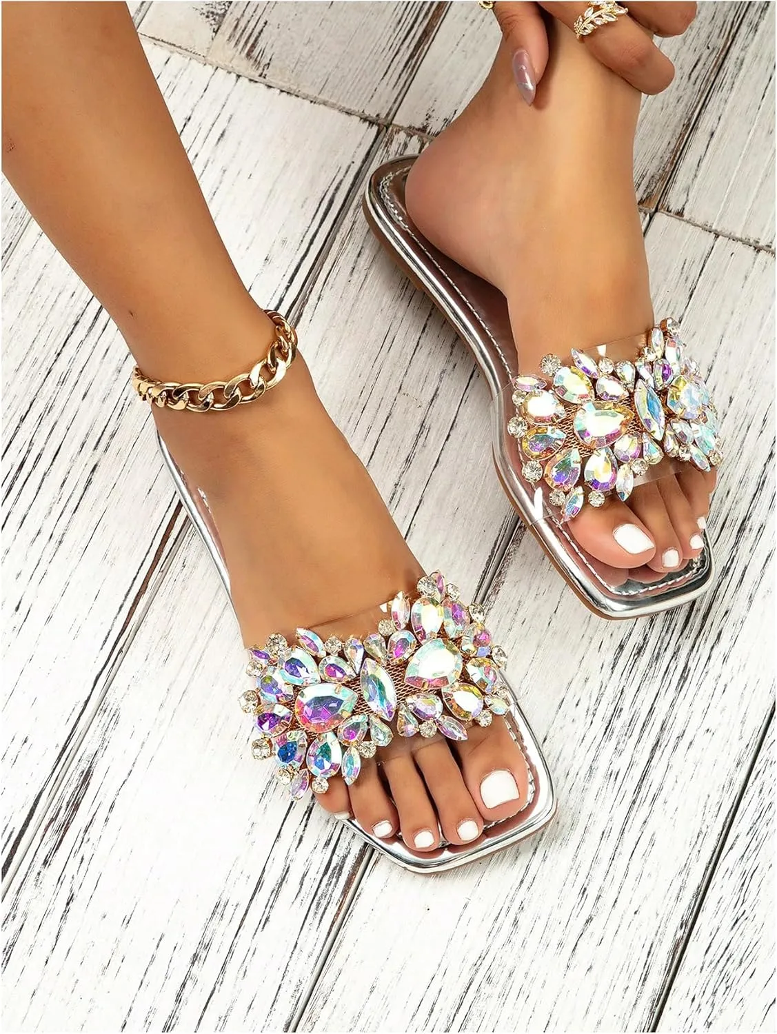 Verdusa Women's Rhinestone Clear Flat Sandals Square Toe Slides Sparkle Transparent Sandals