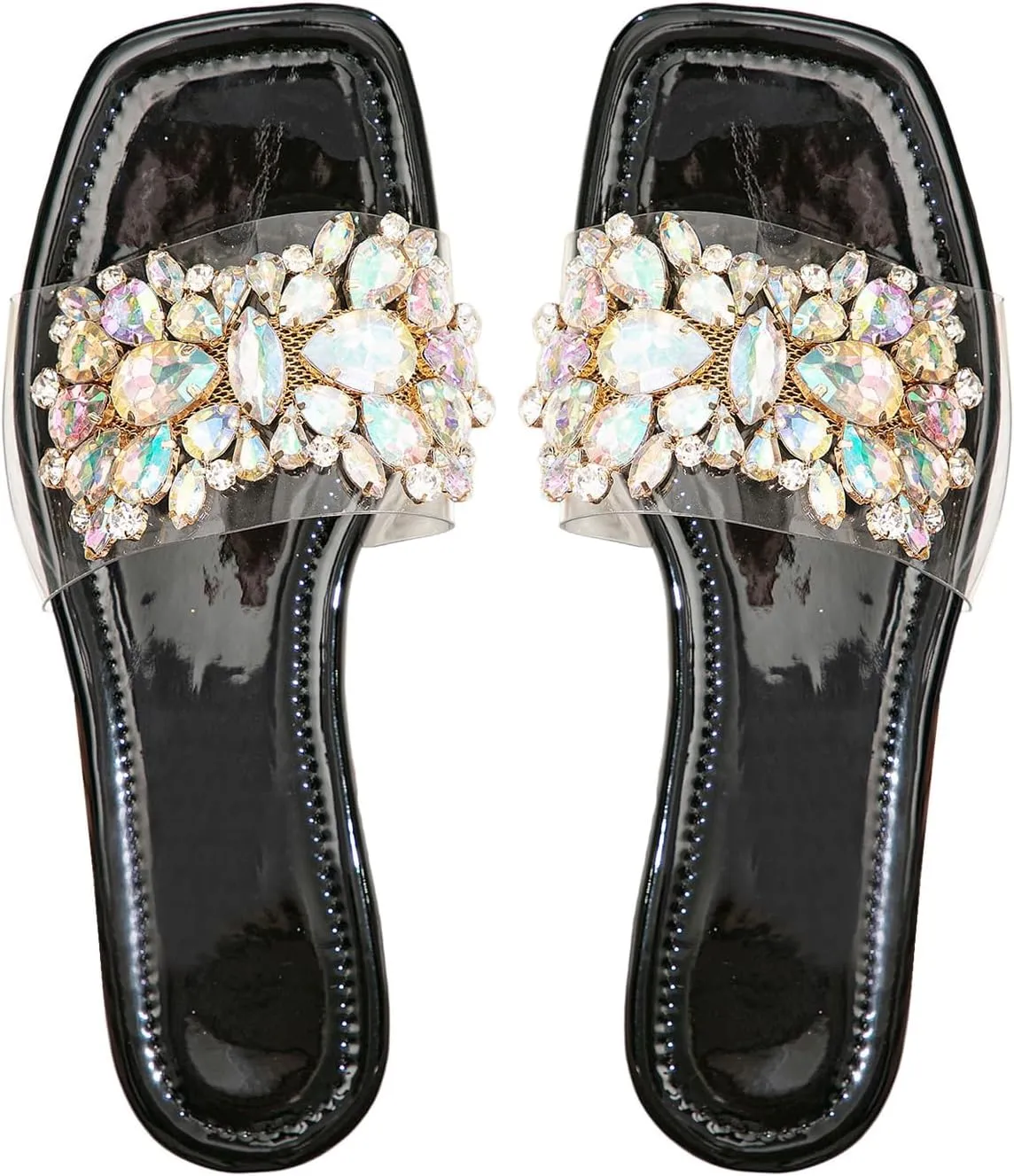 Verdusa Women's Rhinestone Clear Flat Sandals Square Toe Slides Sparkle Transparent Sandals