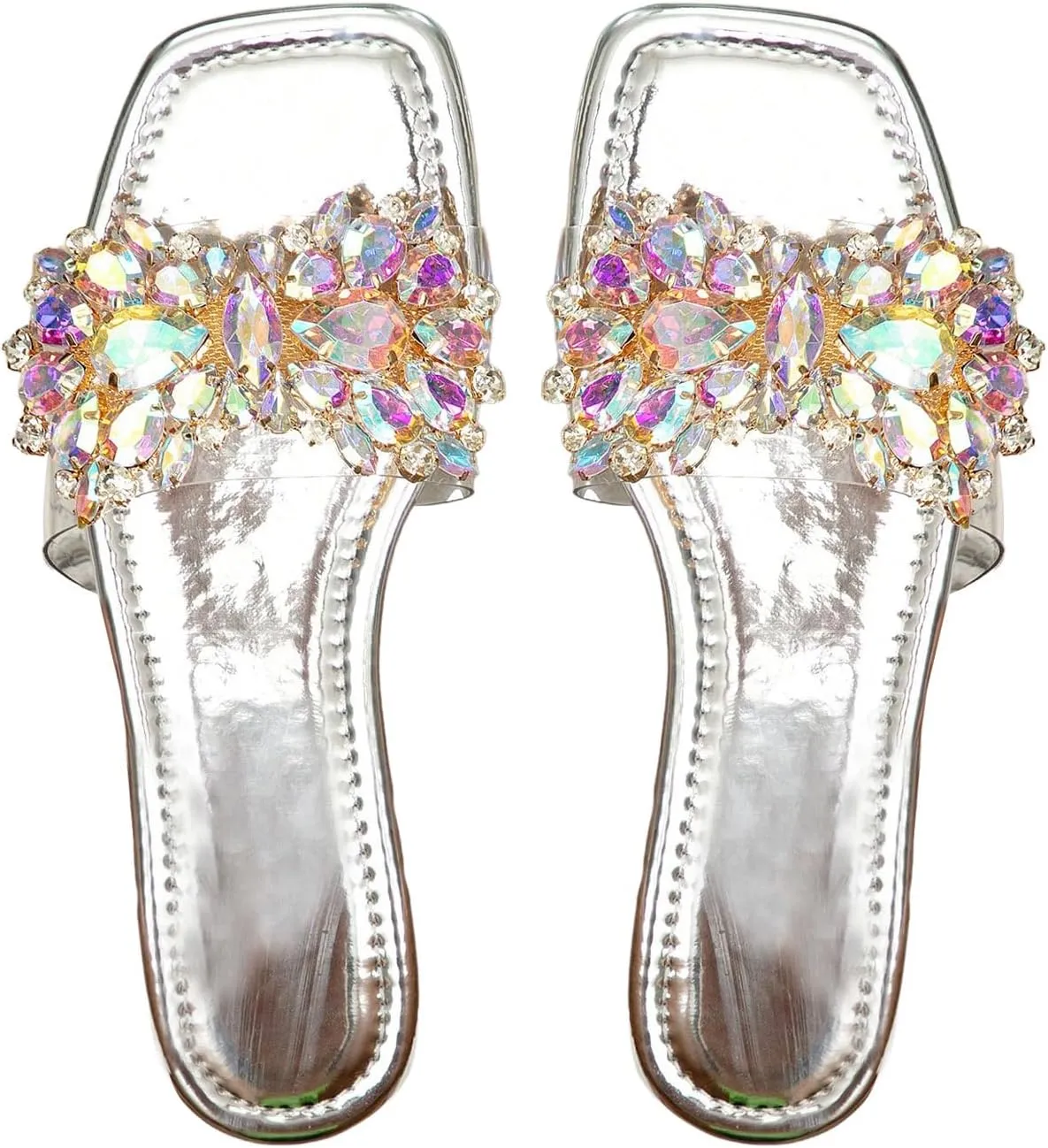 Verdusa Women's Rhinestone Clear Flat Sandals Square Toe Slides Sparkle Transparent Sandals