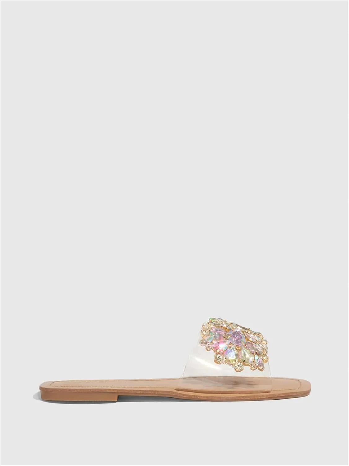 Verdusa Women's Rhinestone Clear Flat Sandals Square Toe Slides Sparkle Transparent Sandals