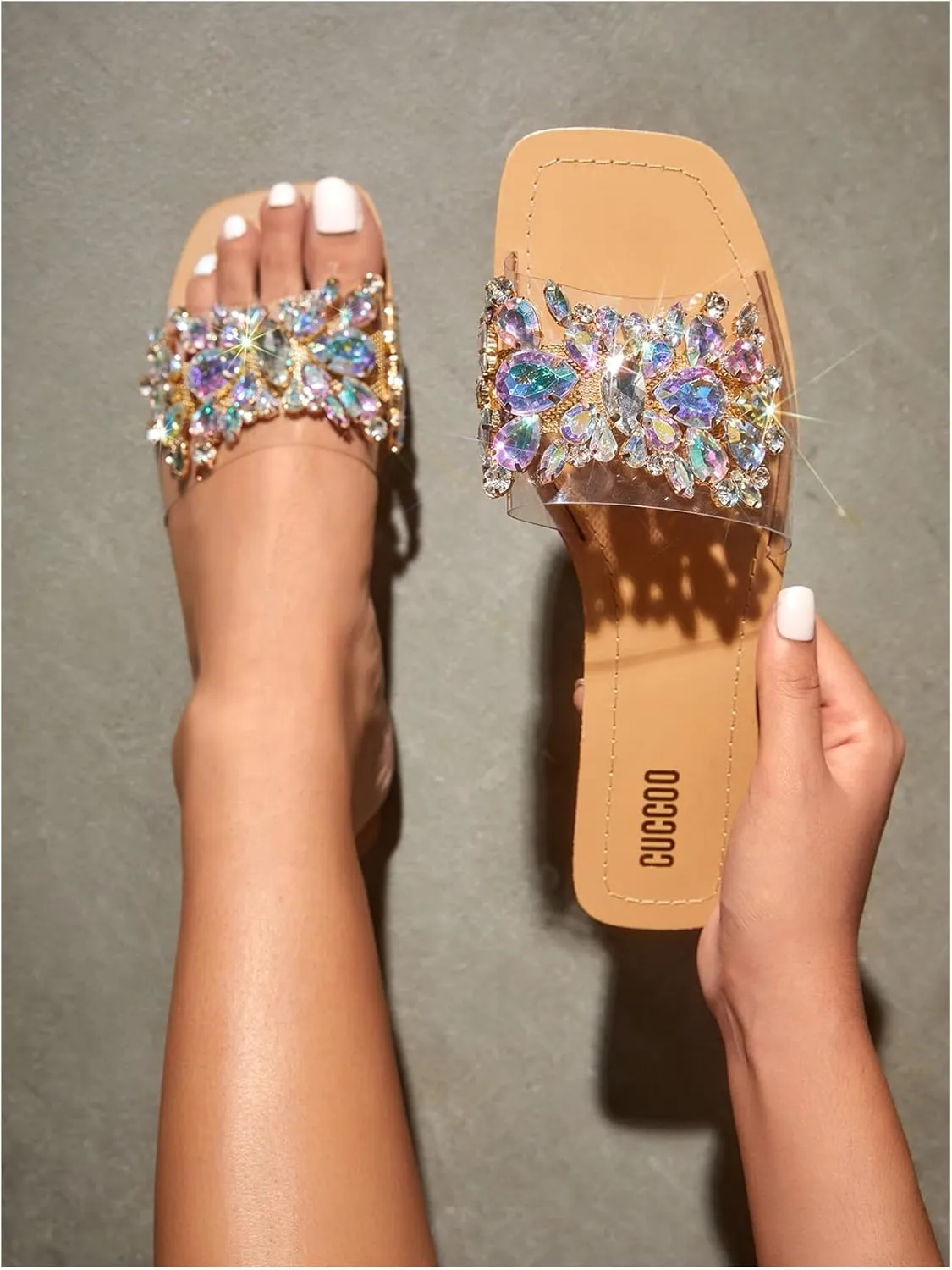 Verdusa Women's Rhinestone Clear Flat Sandals Square Toe Slides Sparkle Transparent Sandals