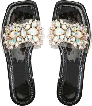 Verdusa Women's Rhinestone Clear Flat Sandals Square Toe Slides Sparkle Transparent Sandals