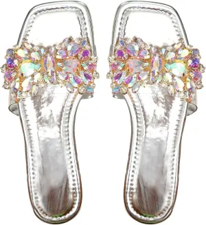 Verdusa Women's Rhinestone Clear Flat Sandals Square Toe Slides Sparkle Transparent Sandals
