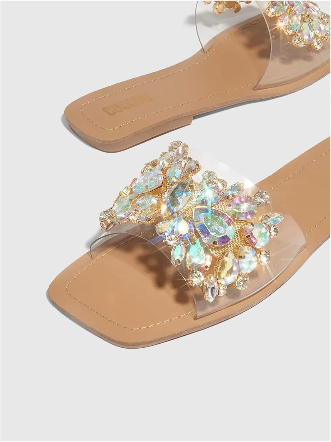 Verdusa Women's Rhinestone Clear Flat Sandals Square Toe Slides Sparkle Transparent Sandals