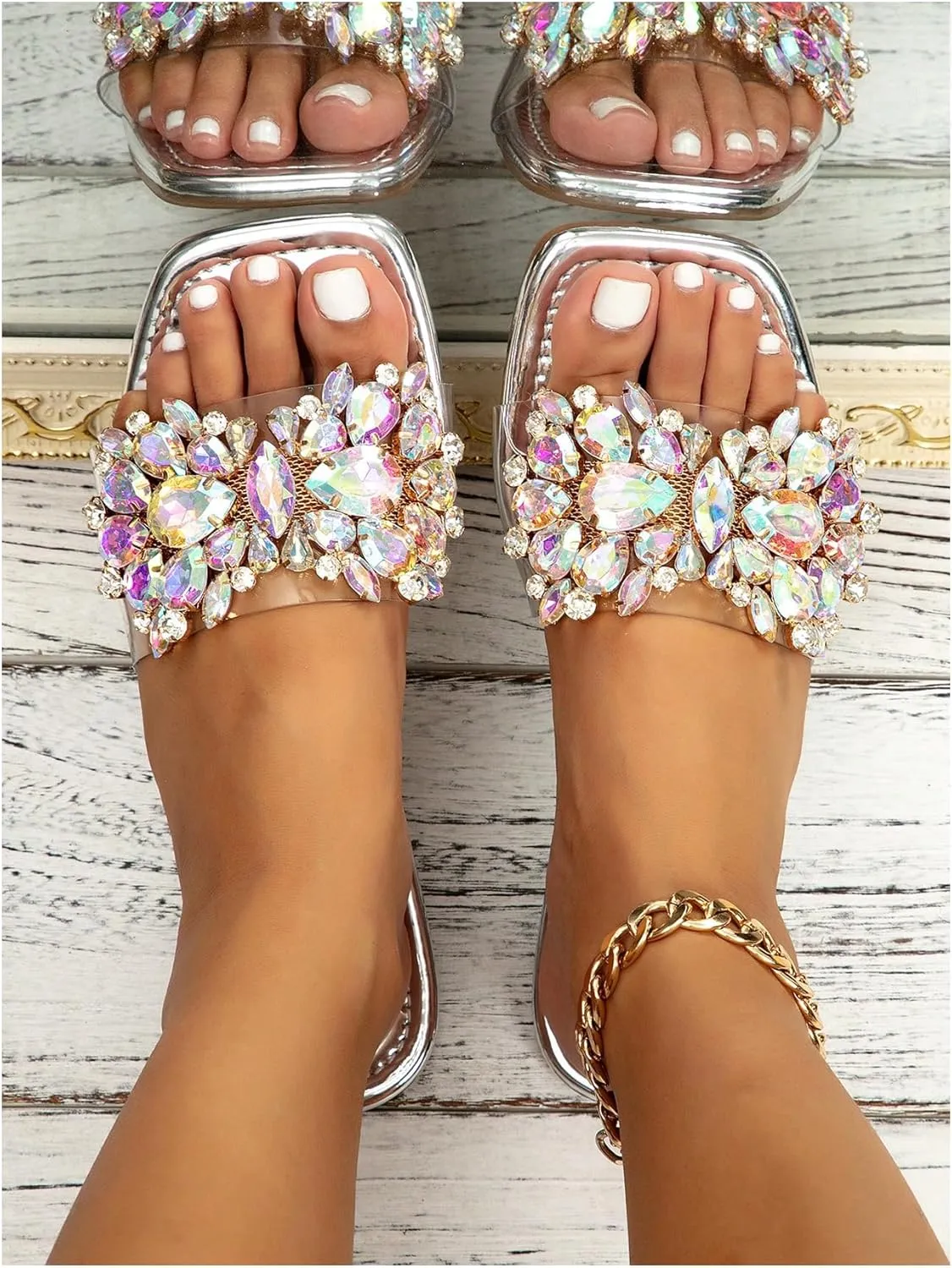 Verdusa Women's Rhinestone Clear Flat Sandals Square Toe Slides Sparkle Transparent Sandals