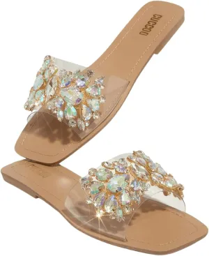 Verdusa Women's Rhinestone Clear Flat Sandals Square Toe Slides Sparkle Transparent Sandals