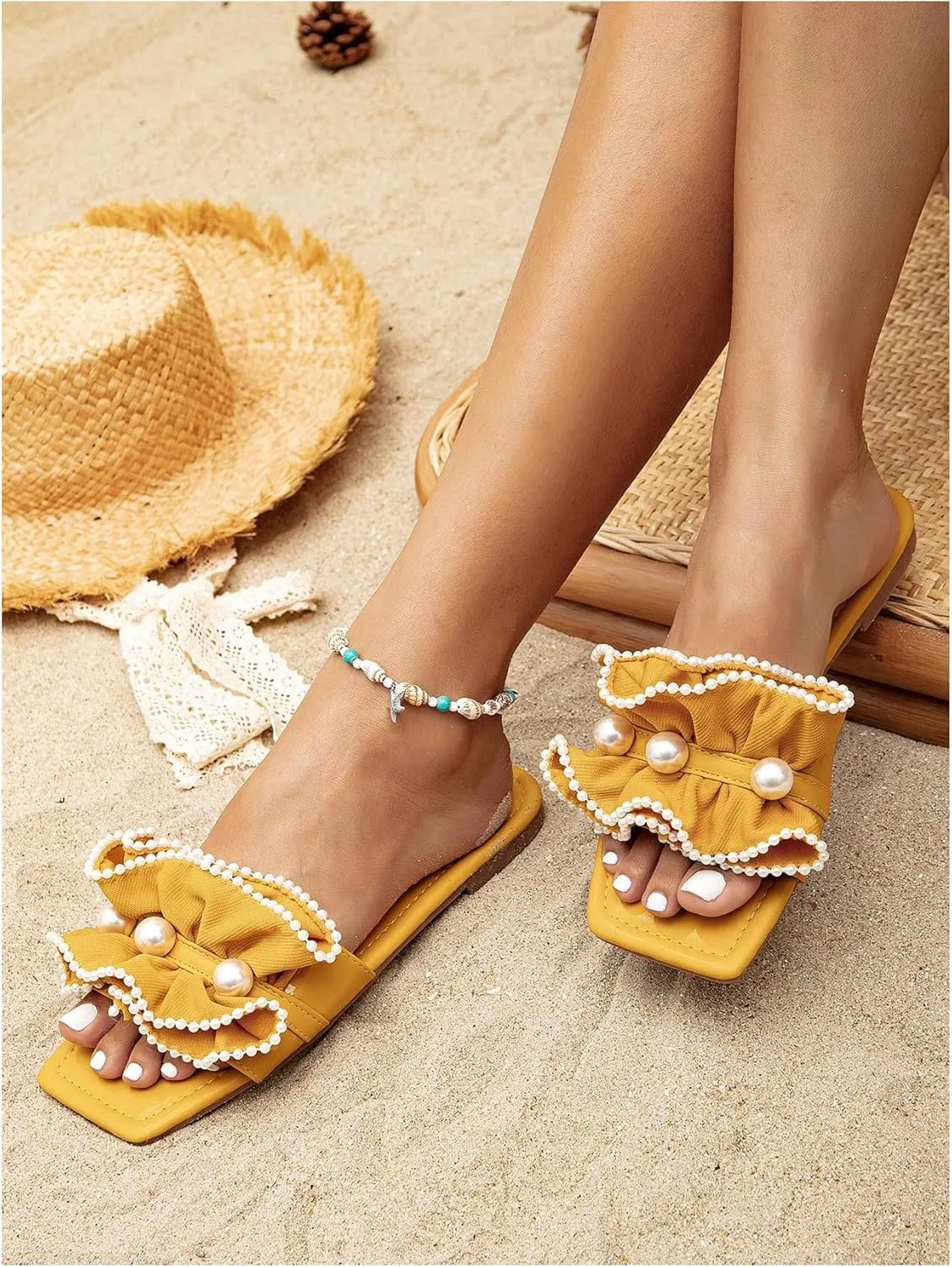 Verdusa Women's Ruffle Pearl Sandals Square Toe Slip on Slides Summer Slippers